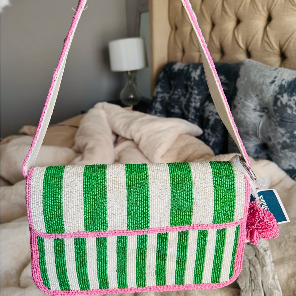 Marshalls Green and White Beaded Shoulder Bag with Pink Trim